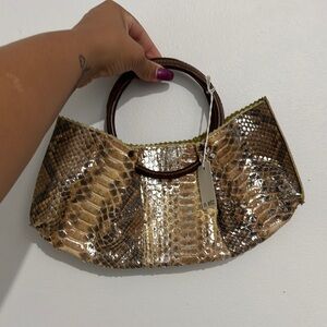 Snakeskin Patterned Handbag with Brown Handles